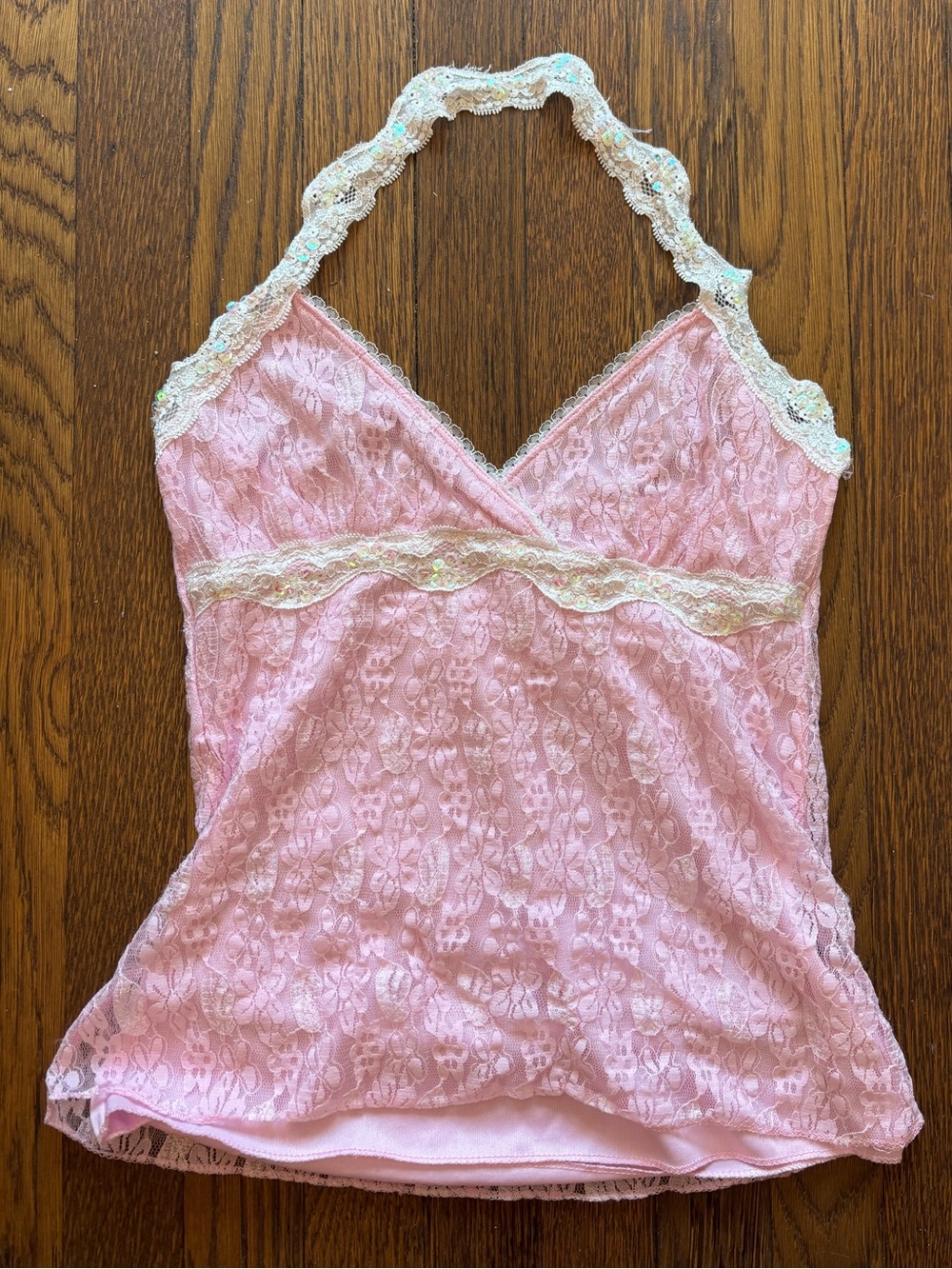 Y2K Be Mine Pink Lace Sequin Halter Cami Top